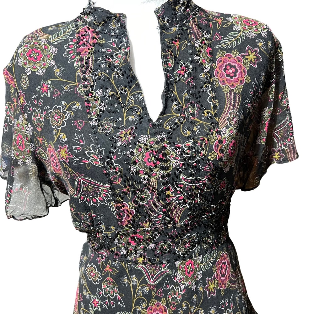 New York & Company Silk Babydoll Floral Paisley Beaded Peplum Blouse Boho Top XL - Picture 3 of 7